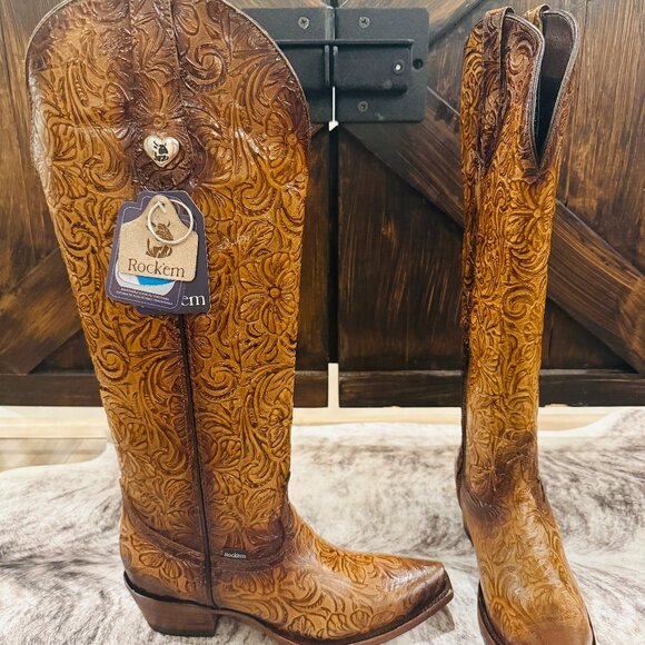 Rock'Em Nancy Tall Snip Toe Tooled Leather Cowgirl Boots Size 8 NWT - Picture 6 of 13